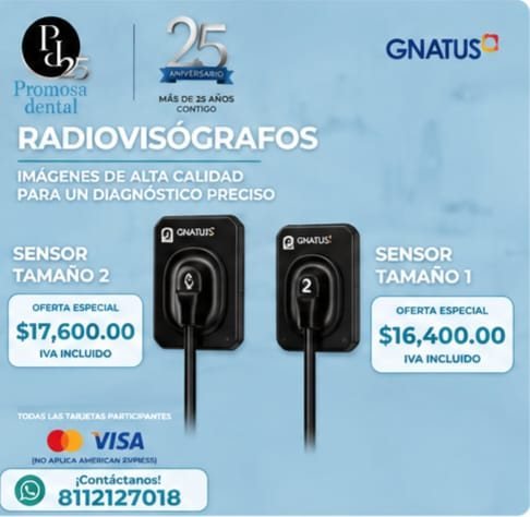 Radiovisiógrafos Gnatus: sensor tamaño 1 en $16,400 y sensor tamaño 2 en $17,600, IVA incluido